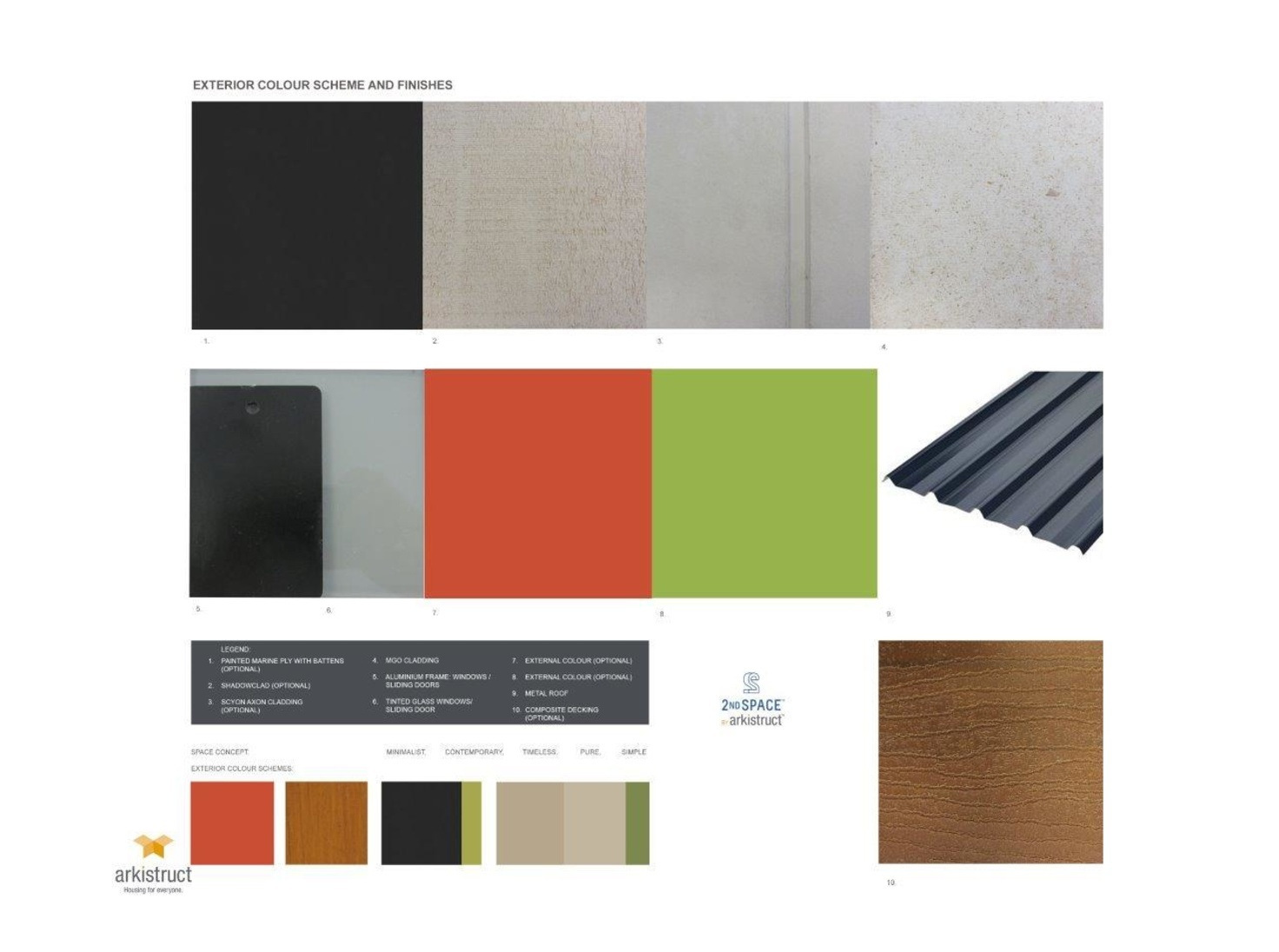 The exterior colour scheme and finishes board — a top row of material swatches showing painted marine ply with battens, Shadowclad, Scyon Axon cladding and MGO cladding; a second row with the aluminium window frame, tinted glass, and two optional external colours in burnt orange and lime green beside a profiled metal roof sheet; a legend numbering all ten finishes; four alternative exterior colour schemes; and a composite decking sample
