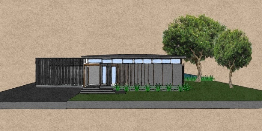 Front elevation of the Wilson Residence &mdash; dark vertically clad walls under a low roof with a continuous band of highlight windows, a timber-framed entry with steps, the carport to one side, planting along the frontage and two mature trees