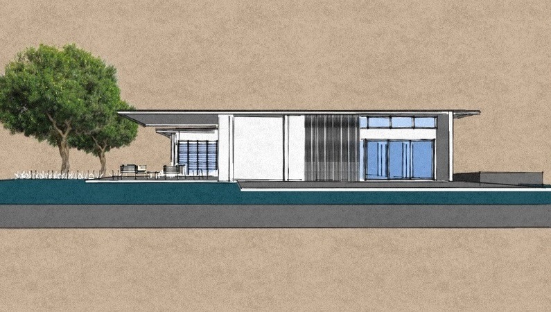 Elevation of the Wilson Residence on the kitchen side &mdash; a low flat roof with deep overhangs, white wall planes, a band of vertical battens, full-height glazing and highlight windows, an outdoor dining area under the eaves and mature trees at one end