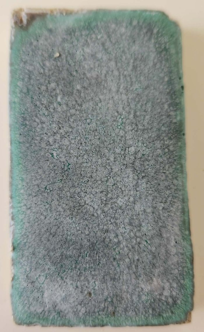 A test tile glazed overall in Weathered Green — a dense grey-green pooling across the face with a brighter green rim where the glaze has gathered at the edge