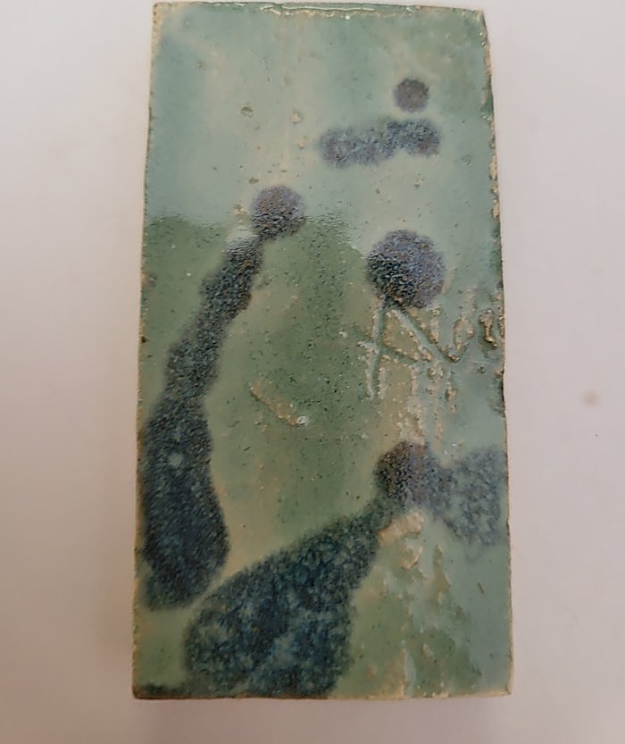 A test tile in Chun Seafoam, a soft green ground with dots of Floating Blue that have bled and drifted into stems and pools
