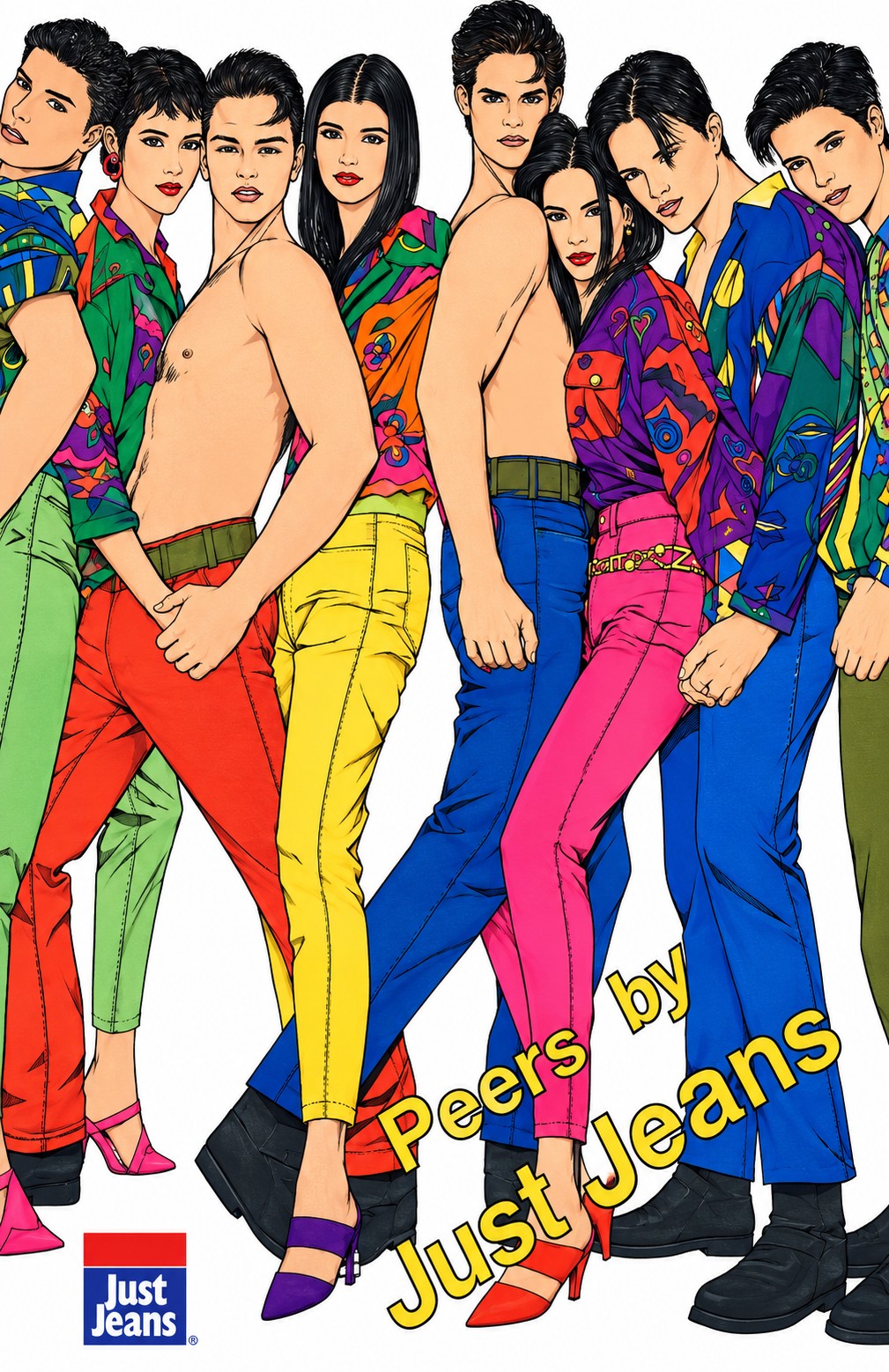 The finished colour artwork for Peers by Just Jeans &mdash; the same nine figures inked and coloured, in bright patterned shirts and jeans in lime, red, yellow, blue and pink, with the campaign title lettered across the lower corner and the Just Jeans logo beneath