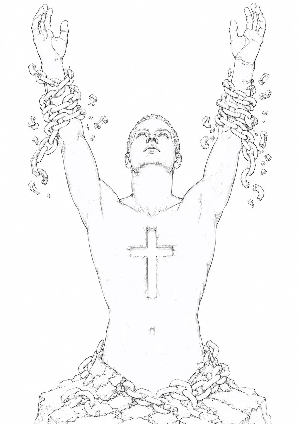 Concept drawing for Freedom & Redemption &mdash; a male figure rising from cracked ground and a heap of broken chains, arms raised high with shattered chains falling from the wrists, face turned upward, and a cross opening at the centre of his chest