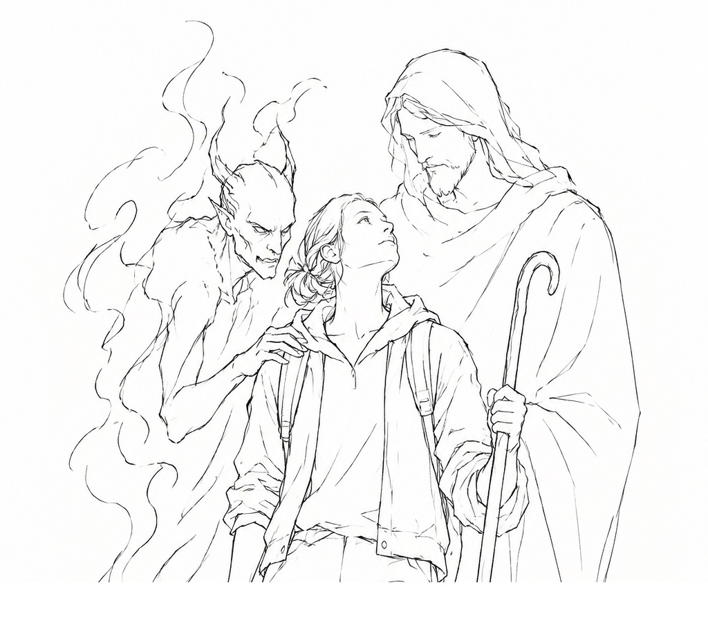 Concept drawing for Psalm 23 &mdash; The Good Shepherd &mdash; a young person in a hooded jacket with a backpack looks up, a gaunt horned demonic figure trailing wisps of smoke rests a clawed hand on their shoulder from one side, and a tall bearded figure in a hooded robe holding a shepherd&rsquo;s crook stands close on the other side