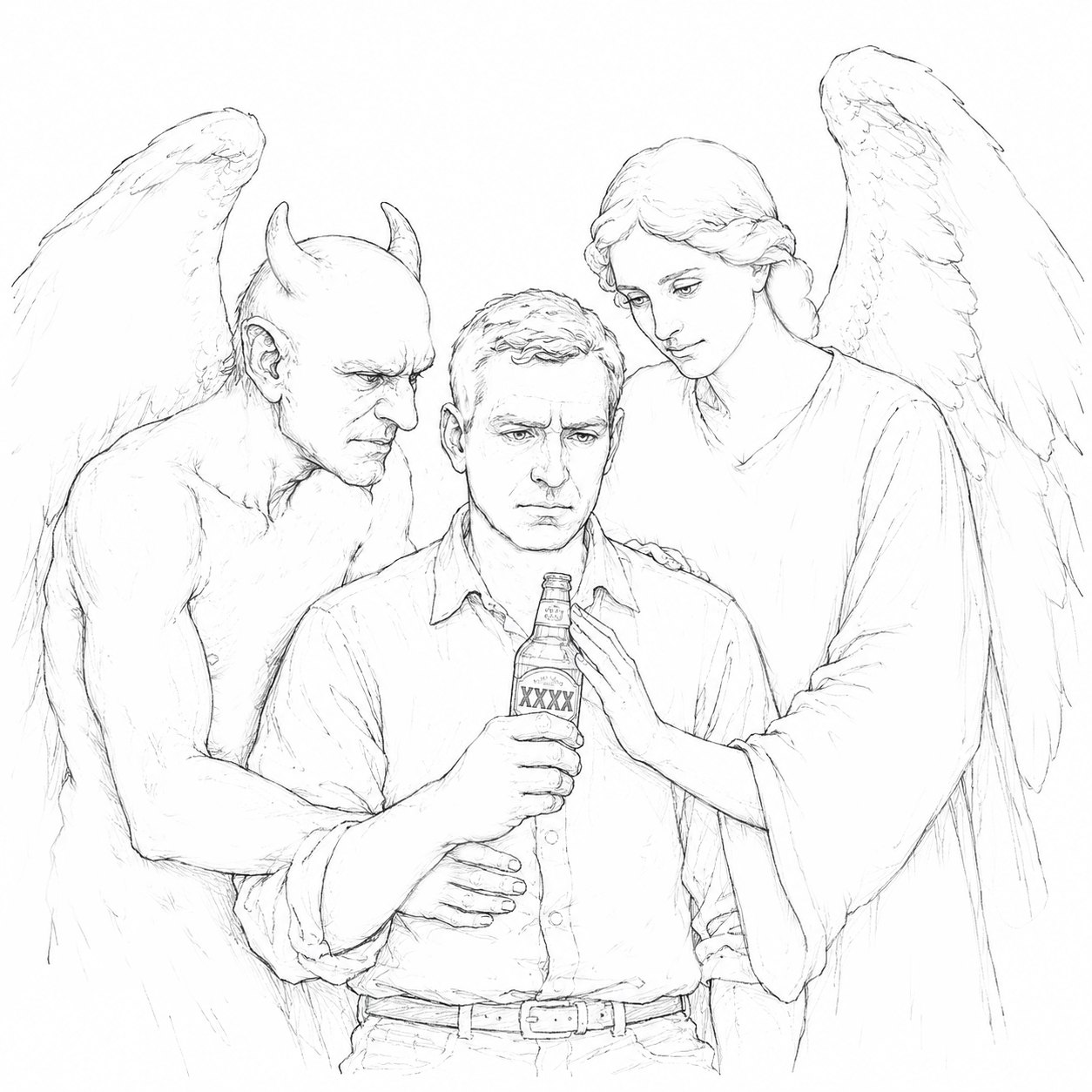 Concept drawing for The Choice &mdash; a man in an open-collared shirt holding a beer bottle, a horned, winged demonic figure gripping him from one side and leaning in, and a robed angel on the other side with a hand on his shoulder, gently reaching towards the bottle