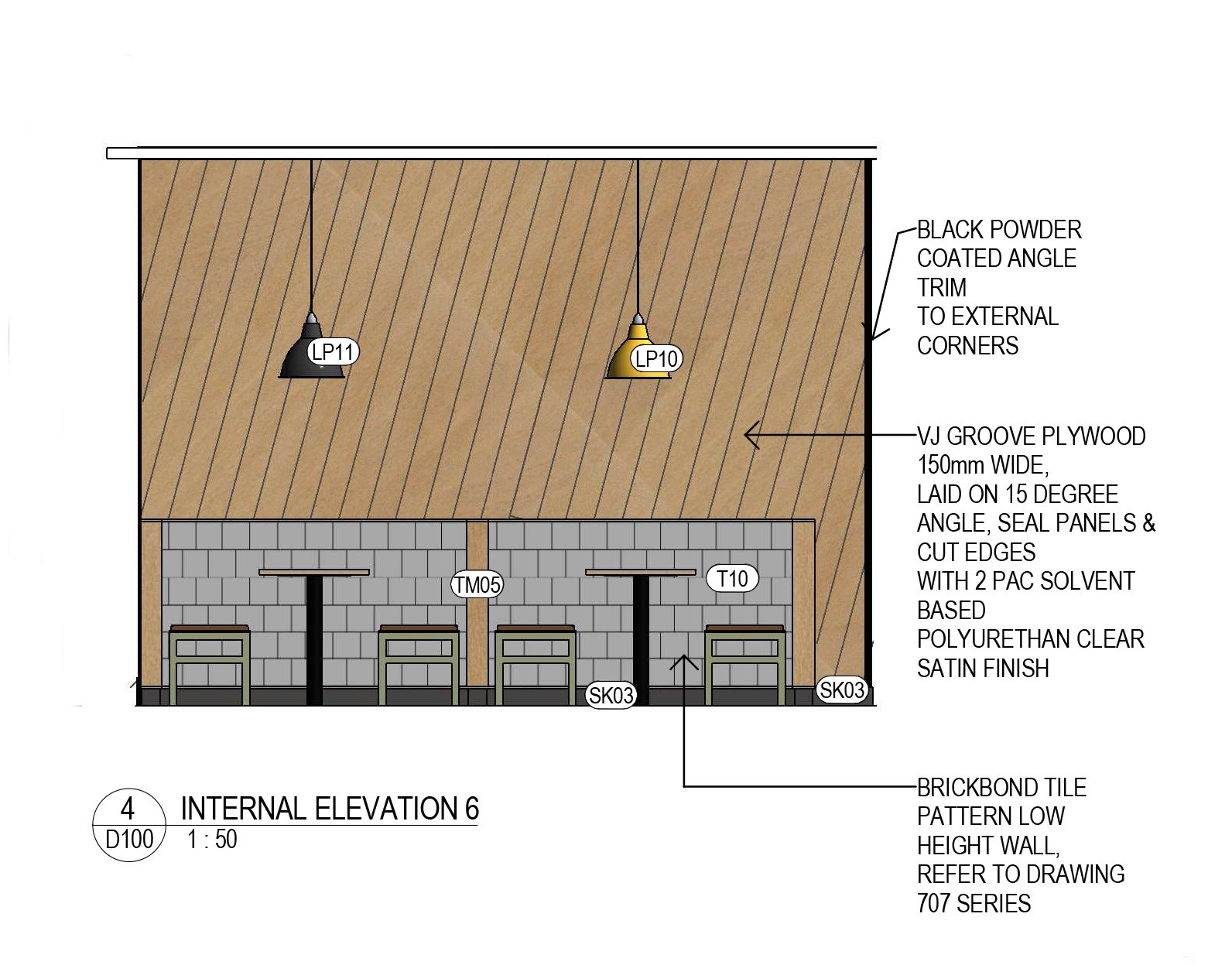 Internal elevation drawing at 1:50 &mdash; angled VJ-groove plywood wall with a black and a yellow pendant, over a low brick-bond tiled wall with timber-capped ends framing two banquette booths