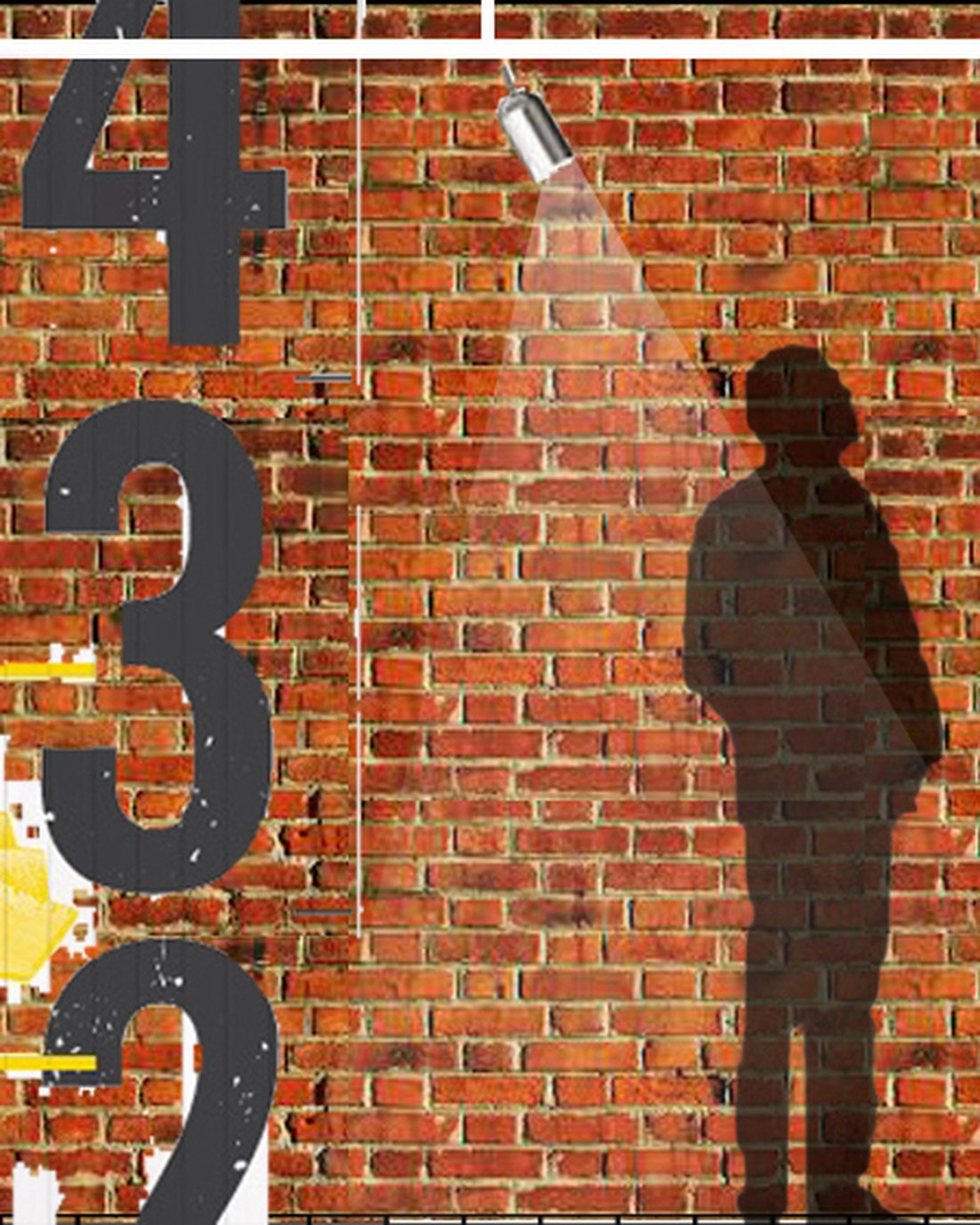 Detail of the internal elevation &mdash; the sign-written brick wall with large black numerals and a yellow fry motif, lit by a spotlight, with a standing figure for scale