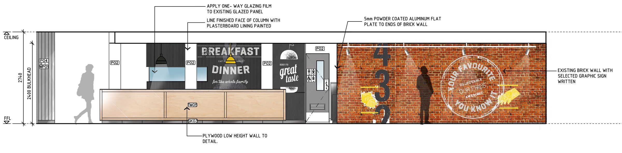 Coloured internal elevation &mdash; a long plywood-fronted counter with black and yellow pendants over breakfast and dinner graphics, a door to the amenities, and the existing brick wall with sign-written numerals and a circular stamp graphic, lit by track spotlights