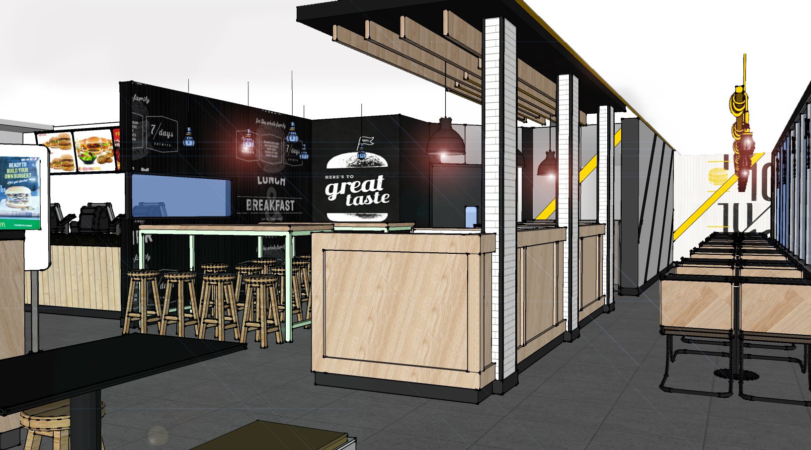 SketchUp perspective of the restaurant &mdash; a timber-panelled counter under a timber batten canopy on white brick-clad columns, high bench seating with timber stools, black graphic menu walls and a long run of dining tables beside the windows