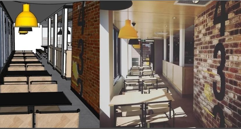 Side-by-side comparison &mdash; on the left the SketchUp view along the window dining run beside the brick wall with its numerals and yellow pendants; on the right a photograph of the completed space from the same position