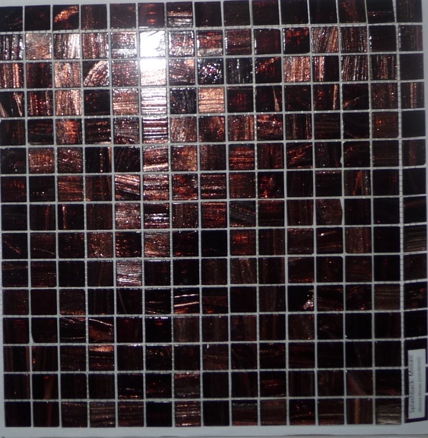 The feature mosaic sample sheet &mdash; small squares of deep chocolate glass streaked with copper and bronze, labelled Splashback Mosaic, Bronze Mosaic 3210-BN01