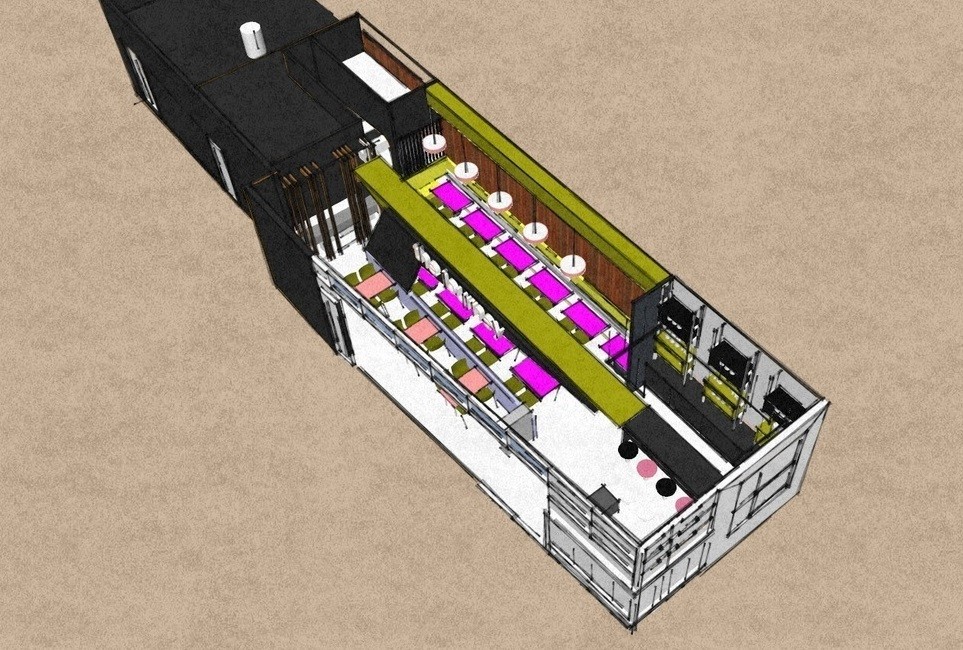 Aerial three-dimensional view into the Korean Fusion Cuisine and Bar concept &mdash; pink tables, lime green seating and a timber-lined wall in a long narrow tenancy