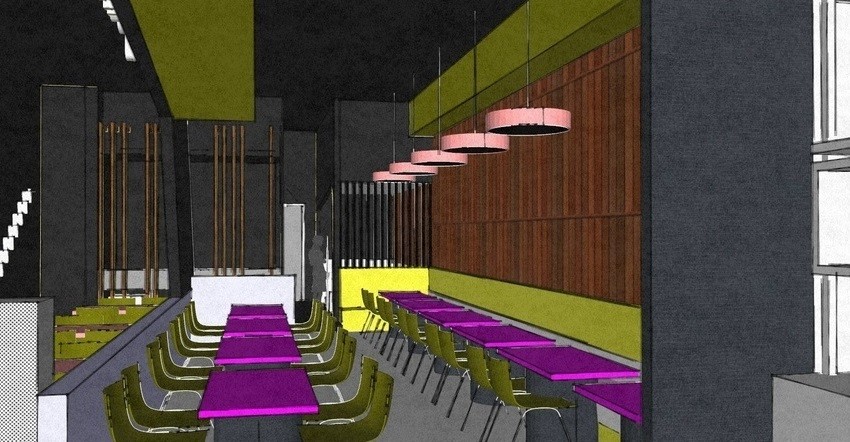 Three-dimensional interior view along the dining room &mdash; two rows of vivid pink tables with lime green chairs, pink drum pendant lights hanging along a warm timber-lined wall under a lime green bulkhead, and black walls framing the space