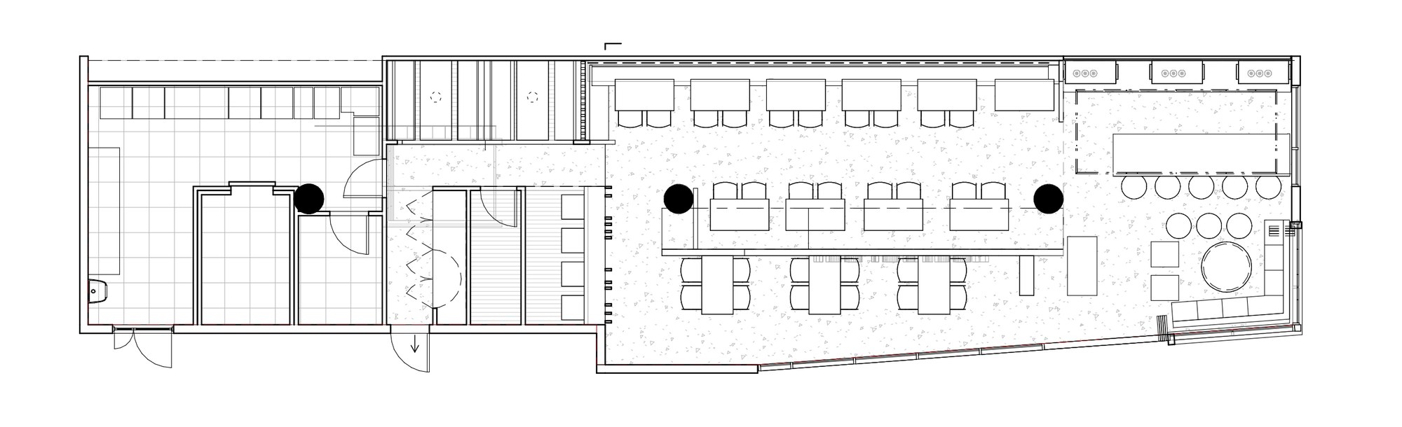 Floor plan of the restaurant &mdash; a long narrow tenancy with kitchen, amenities and service rooms at one end, rows of paired tables and booth seating through the centre, and a bar with round stools and bench seating beside the angled glazed street frontage