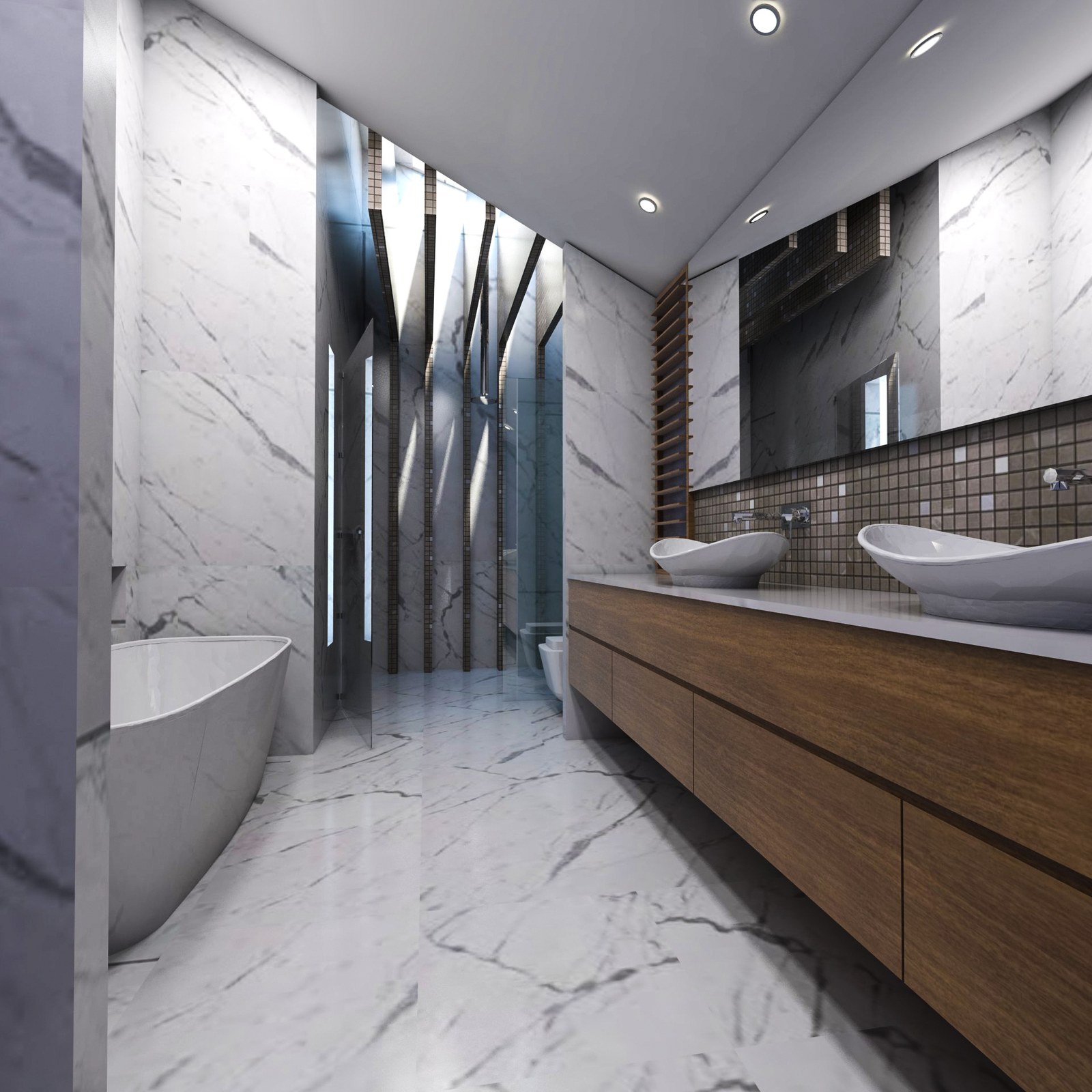 The resolved ensuite visualisation &mdash; large-format marble-look porcelain across floor and walls, a freestanding bath, a glazed shower lit by ceiling slots, a long timber vanity with twin vessel basins, mosaic splashback and a full-width mirror