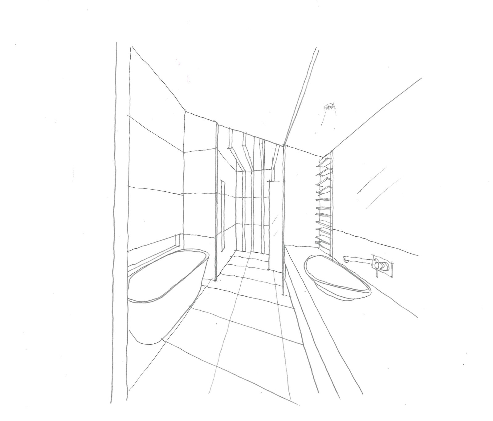 Freehand perspective of the master ensuite &mdash; a freestanding bath along the left wall, a glazed walk-in shower at the end with vertical ceiling slots above it, a long vanity with a vessel basin and wall-mounted mixer to the right, and a tall slatted timber unit beside the mirror