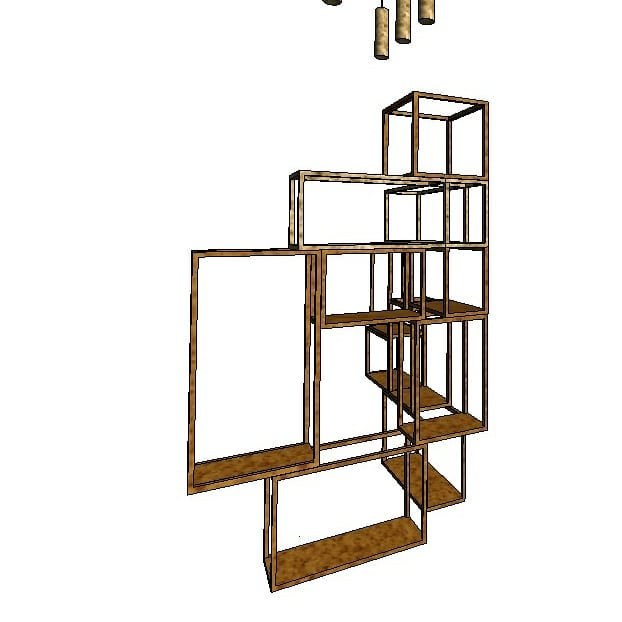 The display frame drawn on its own &mdash; an asymmetric composition of open square-section boxes at different depths and heights, some with solid shelves, one framing a tall empty opening