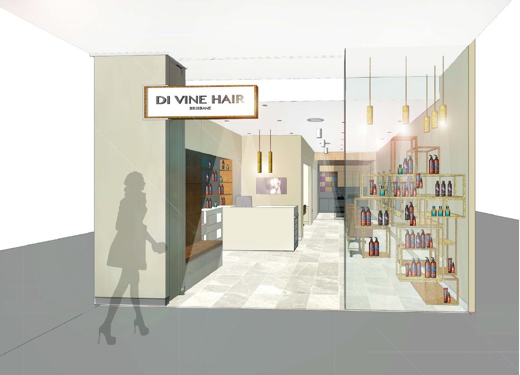 A three-dimensional view of the salon shopfront from the street &mdash; the signage box above the entry, the reception counter beyond, and the gold display frame set against the glass frontage with product arranged across its open boxes