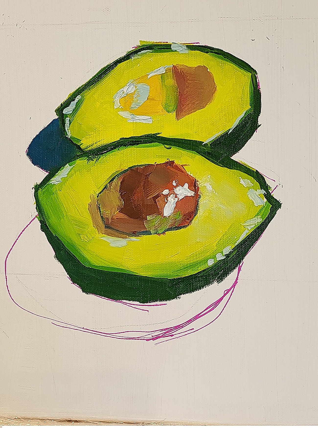 A life painting of a halved avocado, worked in bold yellow-green and dark brown against a pale ground, with loose magenta gesture lines still visible around the fruit