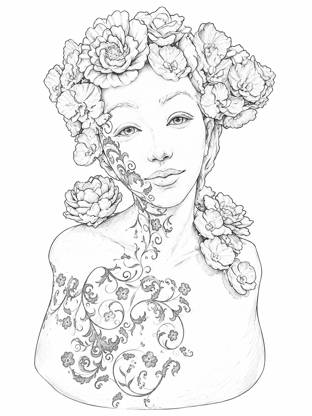 The original pencil sketch for the Florist &mdash; the same crown of orchids and roses, the scrolling floral pattern across the cheek, neck and chest, drawn before the sculpture was built