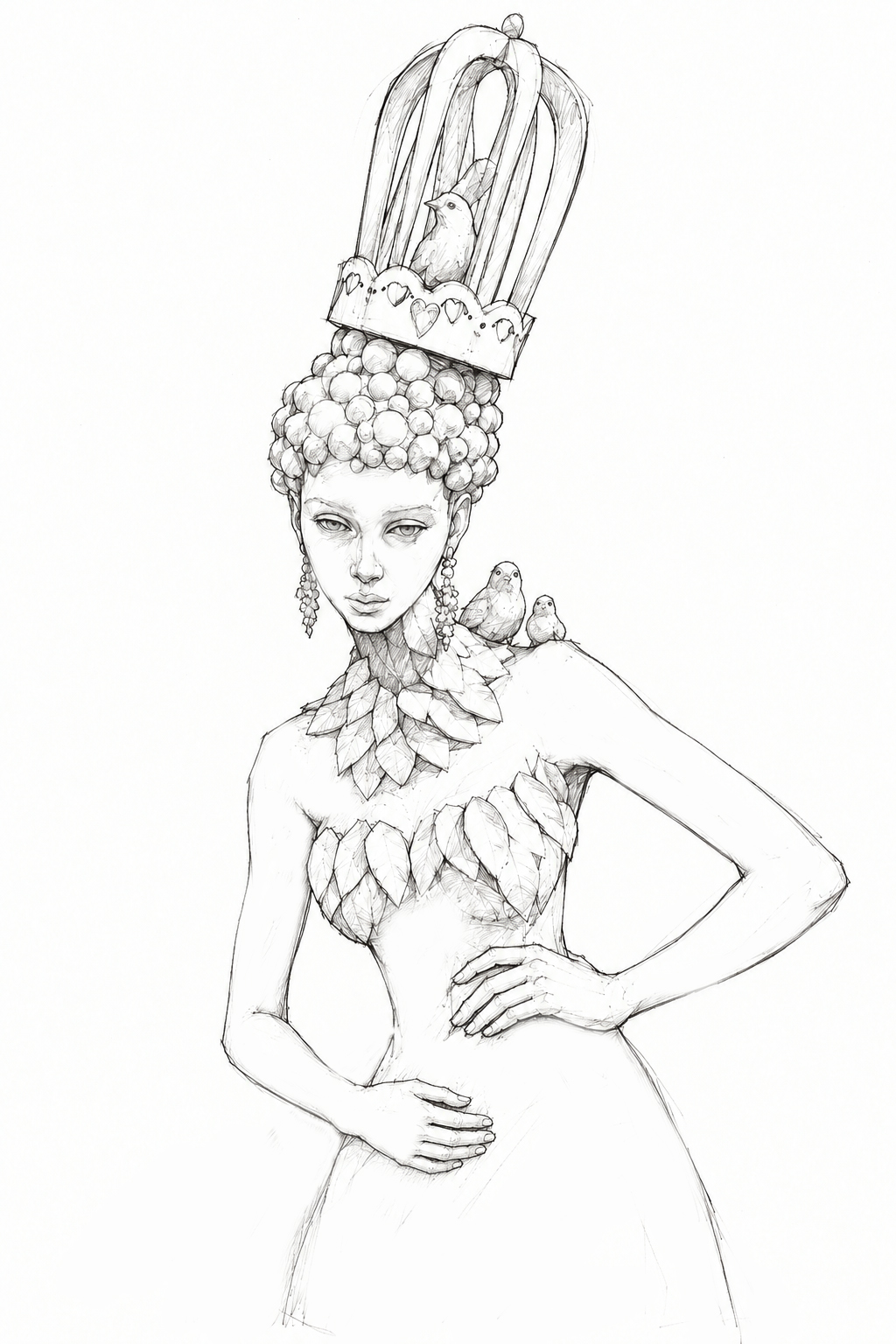 The original pencil sketch for the Wildlife Rehabilitator &mdash; the same crown and birdcage, ball-textured hair, leaf collar and birds, one hand on her hip and the other across her waist