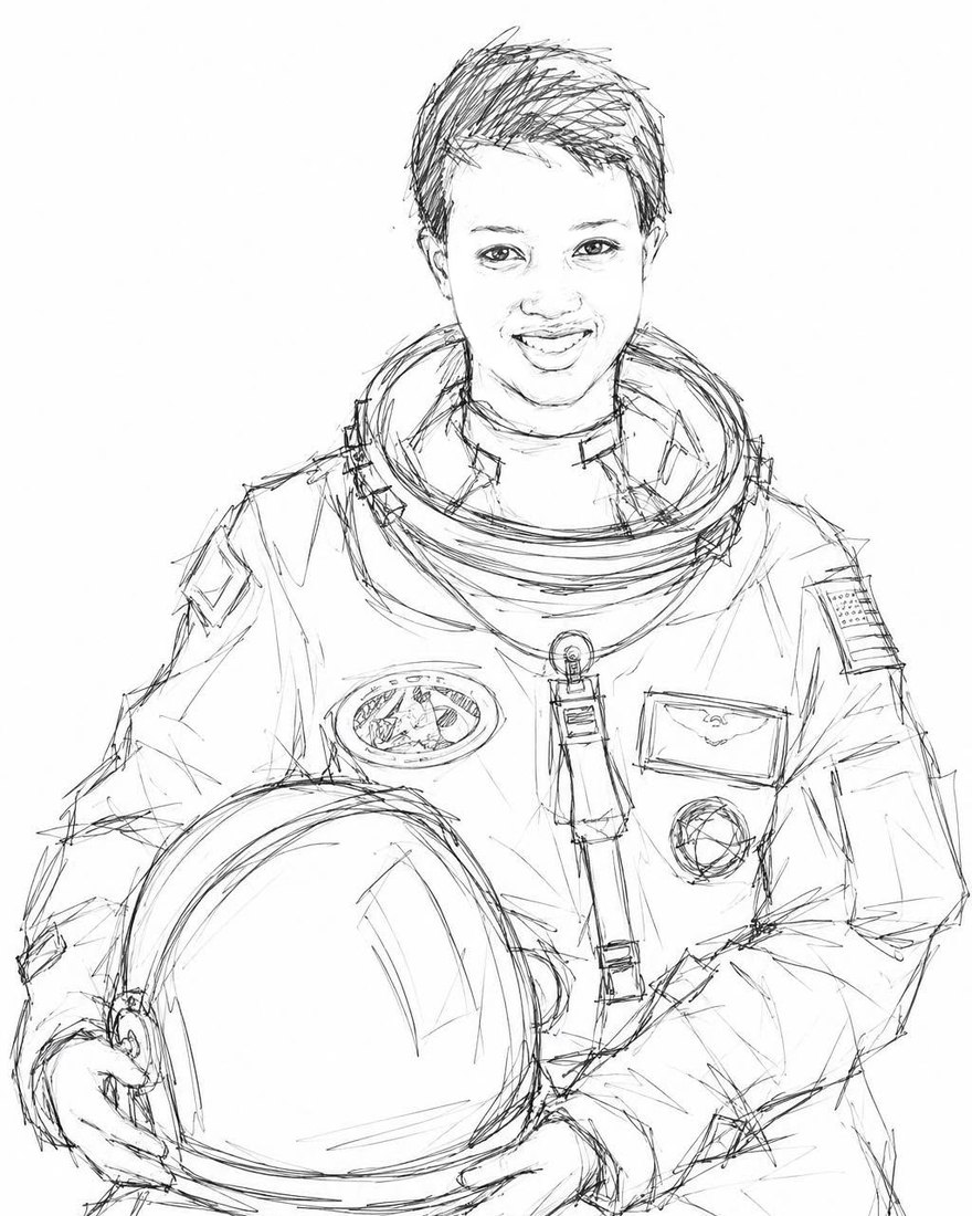 The Astronaut in concept drawing &mdash; a smiling woman with short hair in a flight suit with mission patches, her helmet held in both hands at her side
