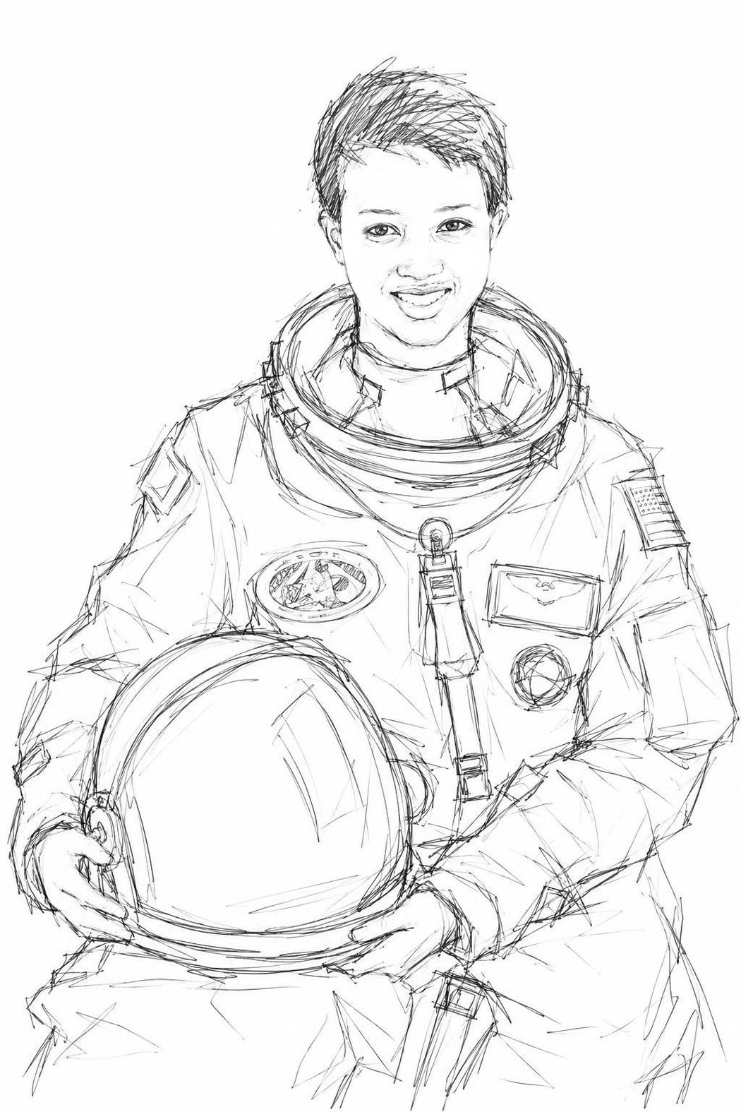The Astronaut in concept drawing &mdash; a smiling woman with short hair in a flight suit with mission patches, her helmet held in both hands at her side