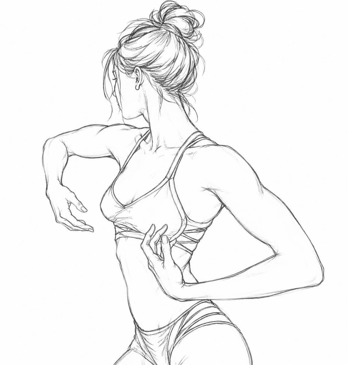 Body Builder in concept drawing &mdash; a muscular woman seen from the side and back, hair in a high bun, one arm raised and bent, the other hand resting at her waist, wearing a strappy sports bra and briefs