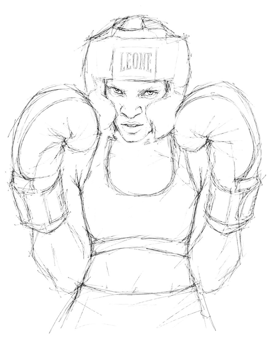 The Boxer in concept drawing &mdash; a woman in headgear and a sports top, gloves raised in guard either side of her face, her gaze fixed straight ahead