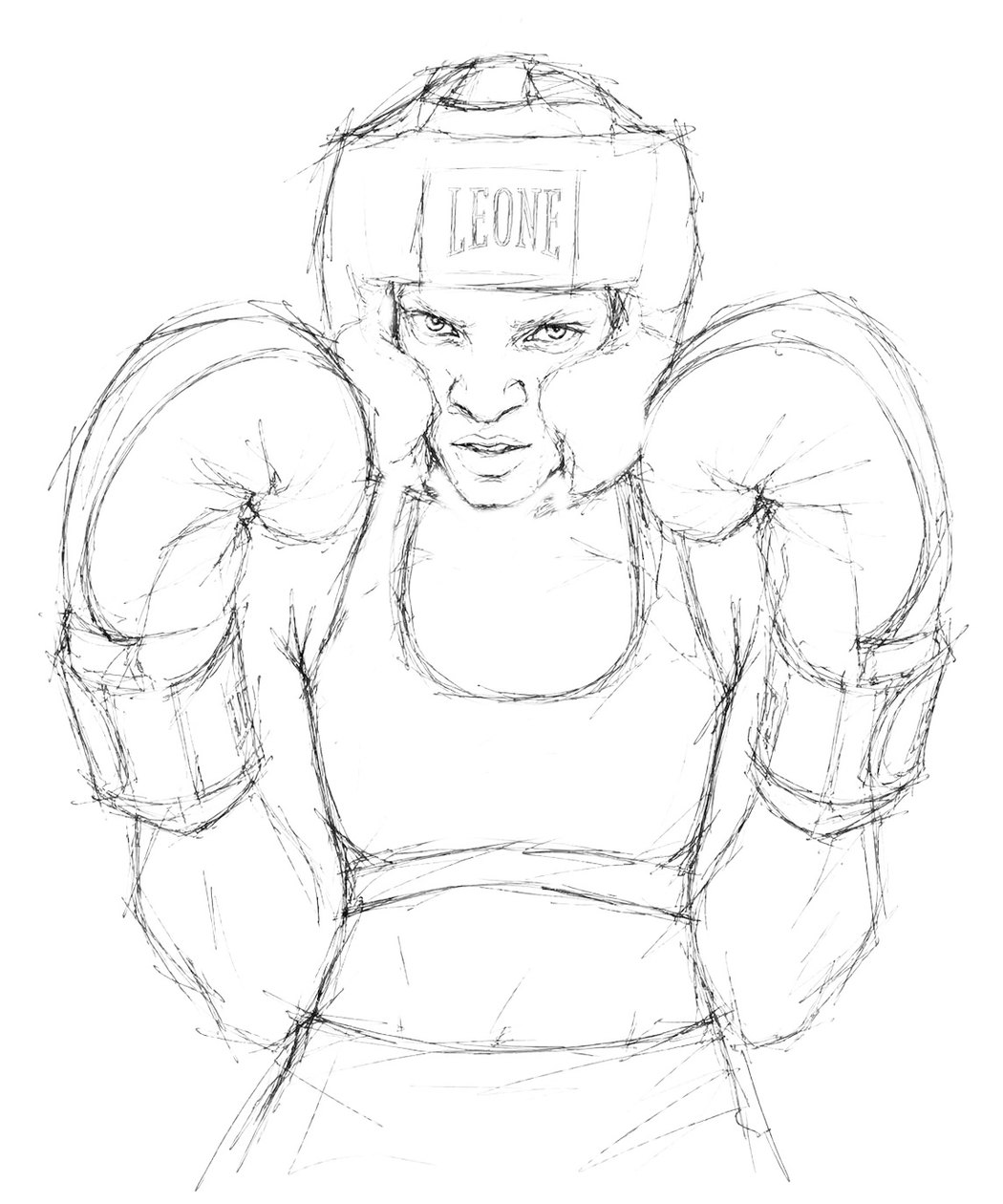 The Boxer in concept drawing &mdash; a woman in headgear and a sports top, gloves raised in guard either side of her face, her gaze fixed straight ahead