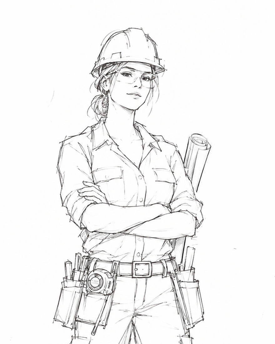 The Builder in concept drawing &mdash; a woman in a hard hat and safety glasses with her arms crossed, a tool belt at her waist and a roll of plans behind her