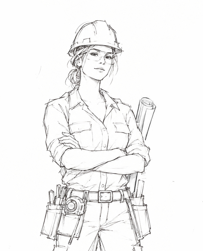 The Builder in concept drawing &mdash; a woman in a hard hat and safety glasses with her arms crossed, a tool belt at her waist and a roll of plans behind her