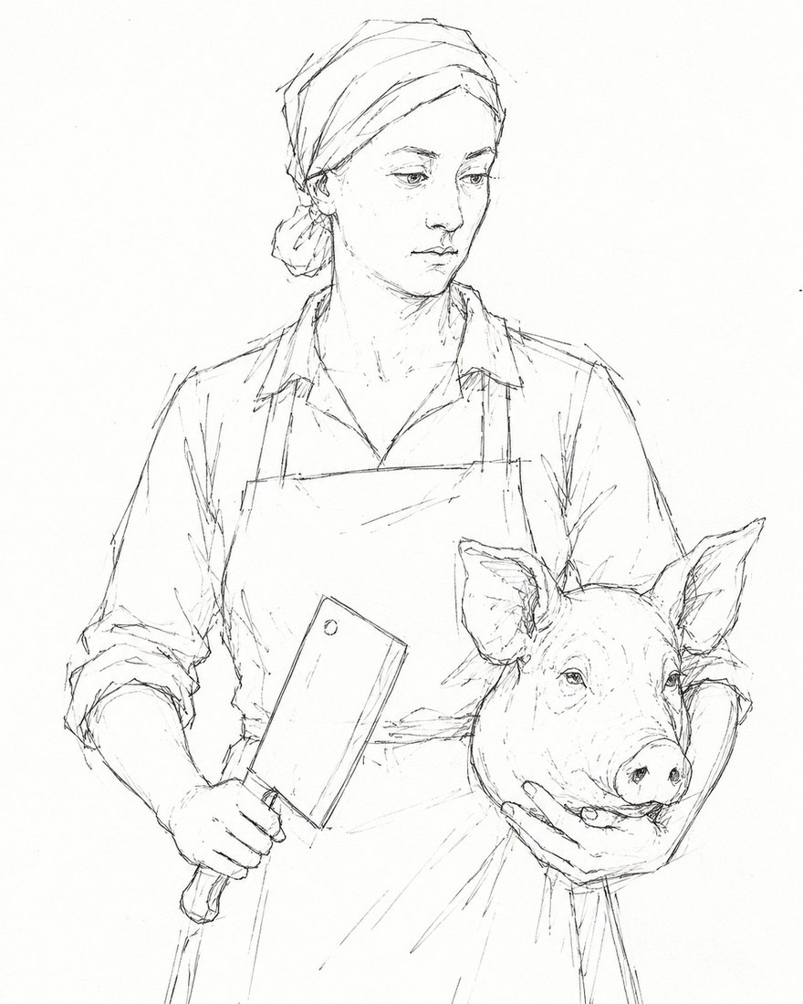 The Butcher in concept drawing &mdash; a woman in a headscarf, work shirt and apron, a meat cleaver in one hand and a pig&rsquo;s head cradled in the other arm