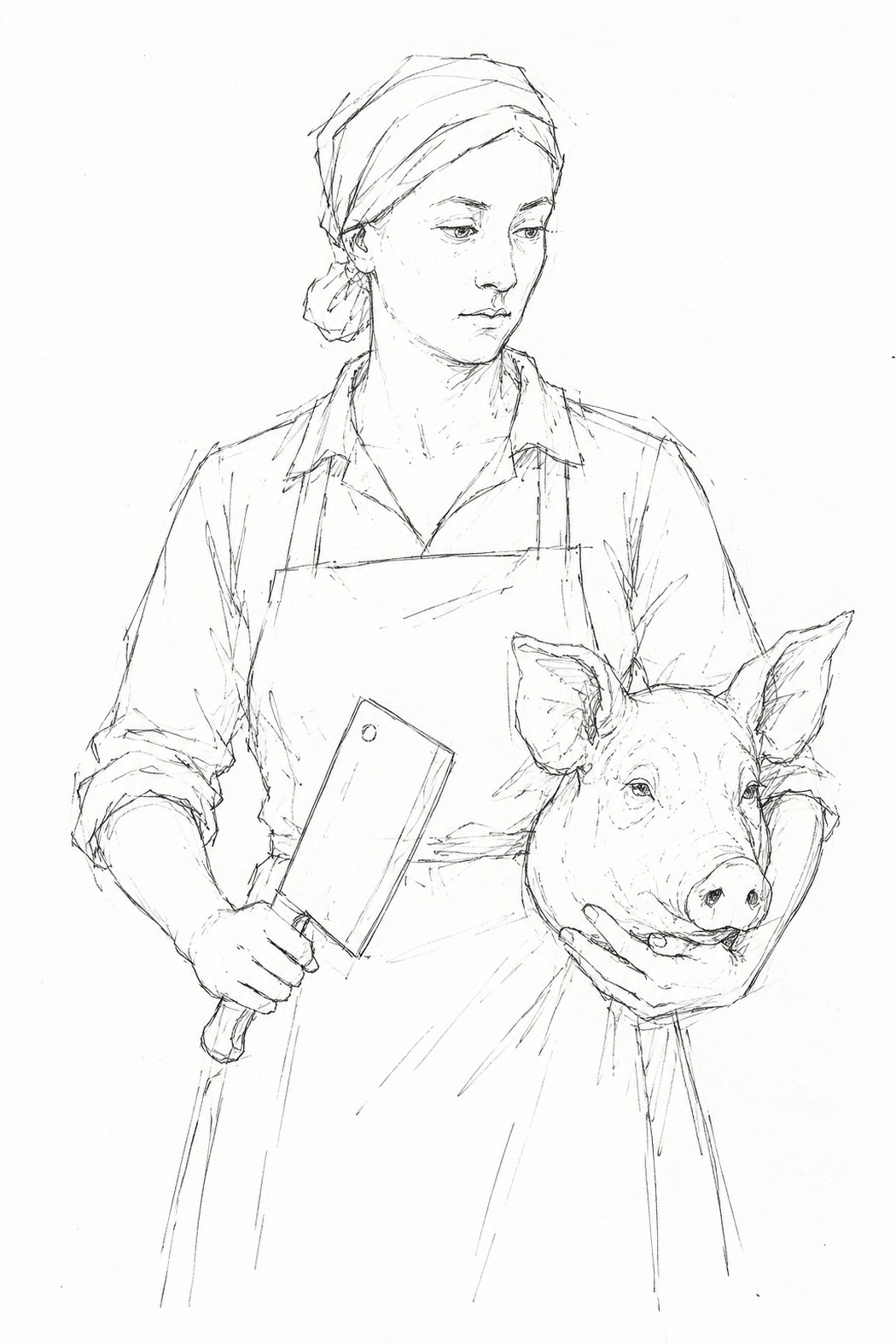 The Butcher in concept drawing &mdash; a woman in a headscarf, work shirt and apron, a meat cleaver in one hand and a pig&rsquo;s head cradled in the other arm