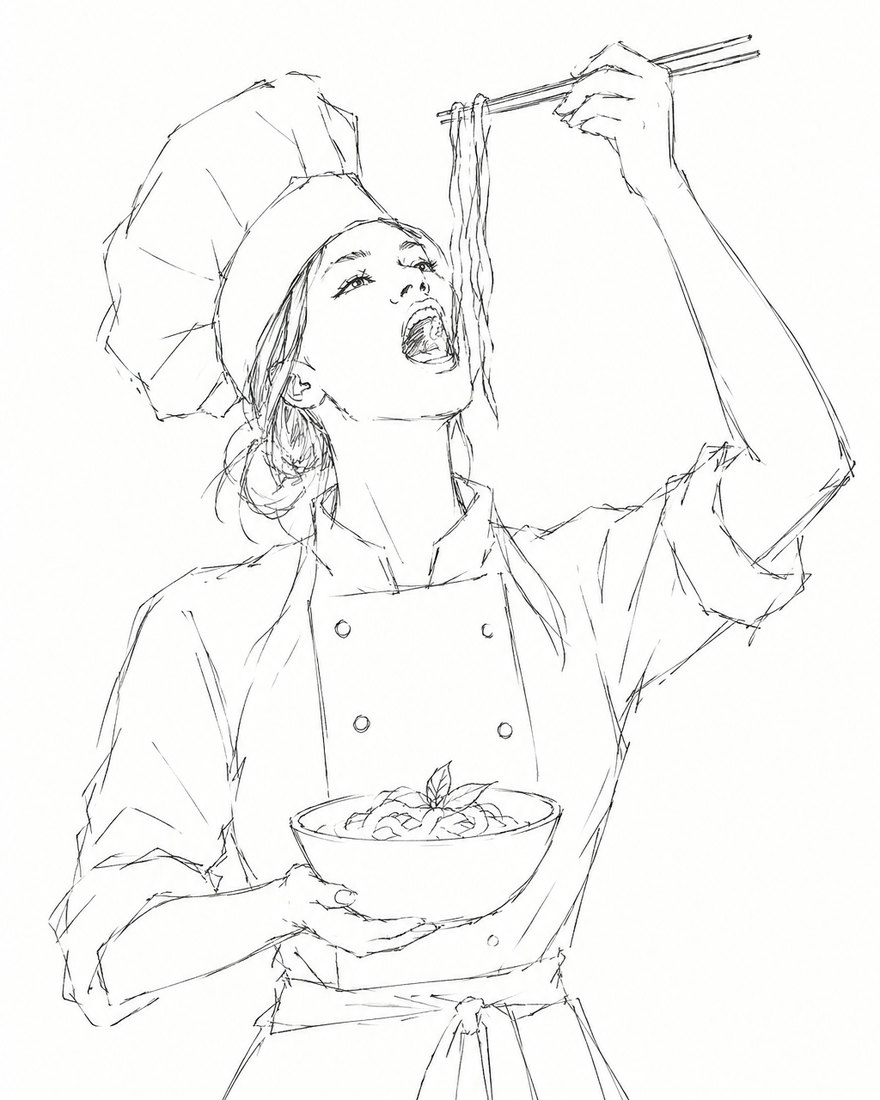 The Cook in concept drawing &mdash; a woman in a chef&rsquo;s hat, double-breasted jacket and apron, head tipped back as she lifts noodles high with chopsticks, a bowl of food held in her other hand