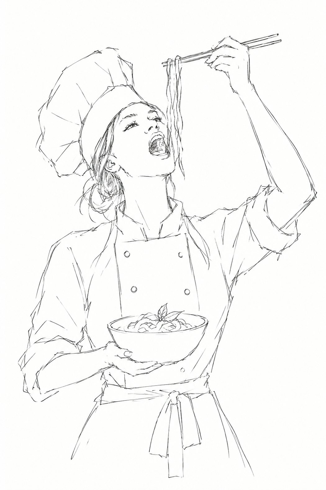 The Cook in concept drawing &mdash; a woman in a chef&rsquo;s hat, double-breasted jacket and apron, head tipped back as she lifts noodles high with chopsticks, a bowl of food held in her other hand