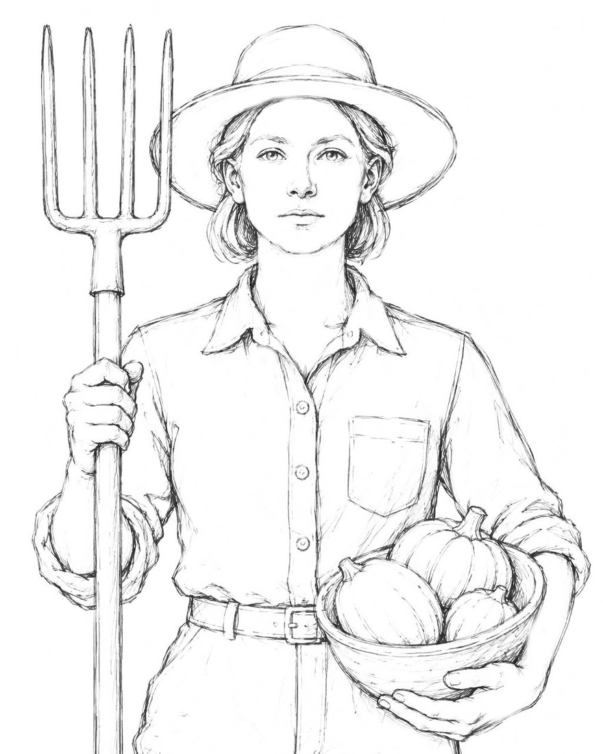 The Farmer in concept drawing &mdash; a woman in a wide-brimmed hat and work shirt with rolled sleeves, a pitchfork held upright in one hand and a bowl of pumpkins cradled in the other arm