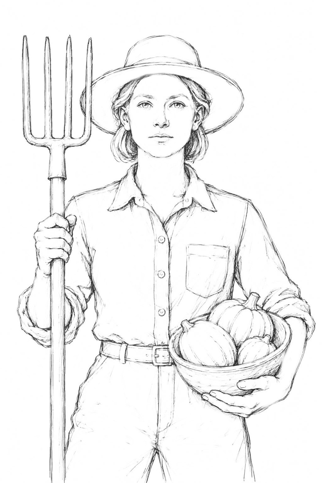 The Farmer in concept drawing &mdash; a woman in a wide-brimmed hat and work shirt with rolled sleeves, a pitchfork held upright in one hand and a bowl of pumpkins cradled in the other arm