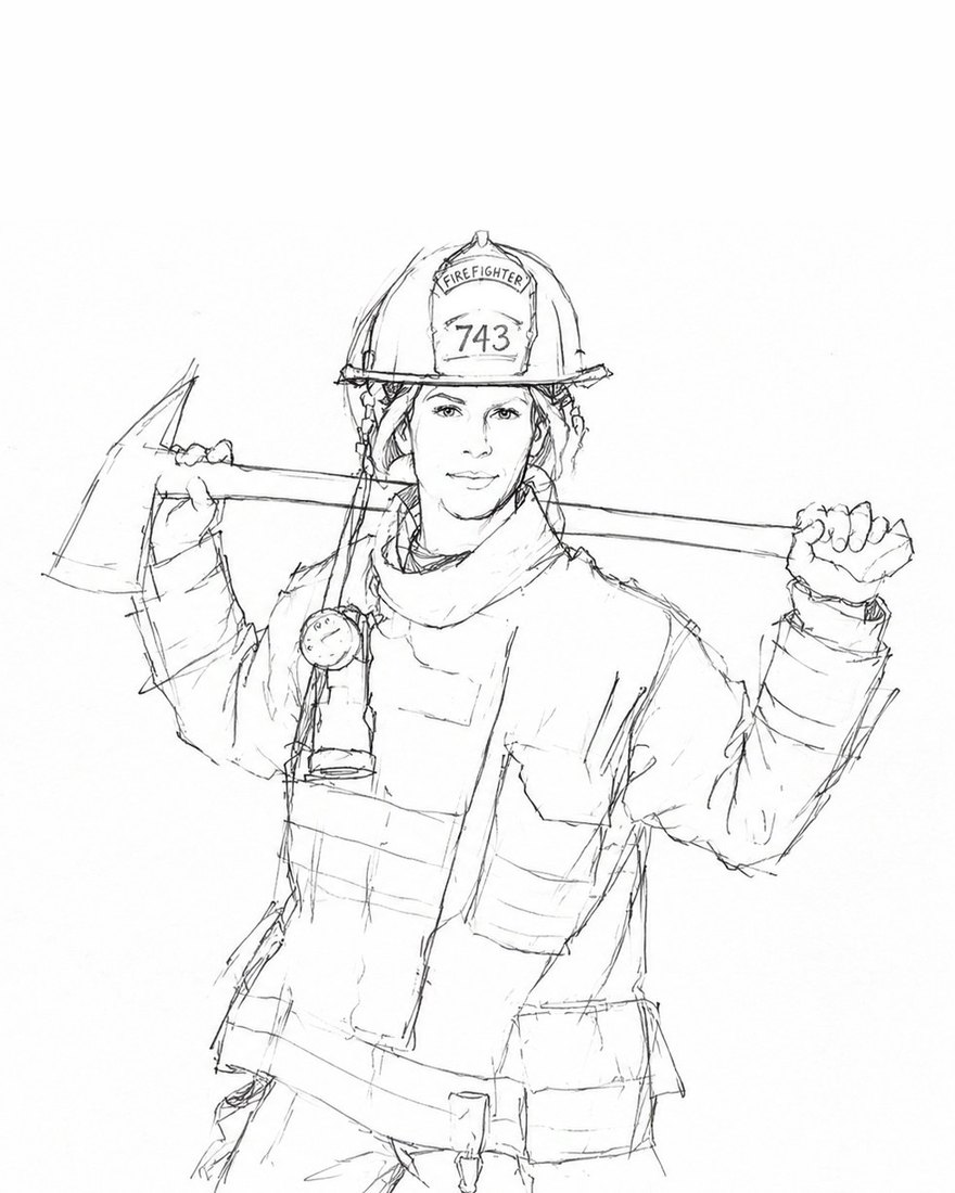 The Firefighter in concept drawing &mdash; a woman in helmet and turnout coat, an axe held across her shoulders with both hands and a torch clipped to her chest