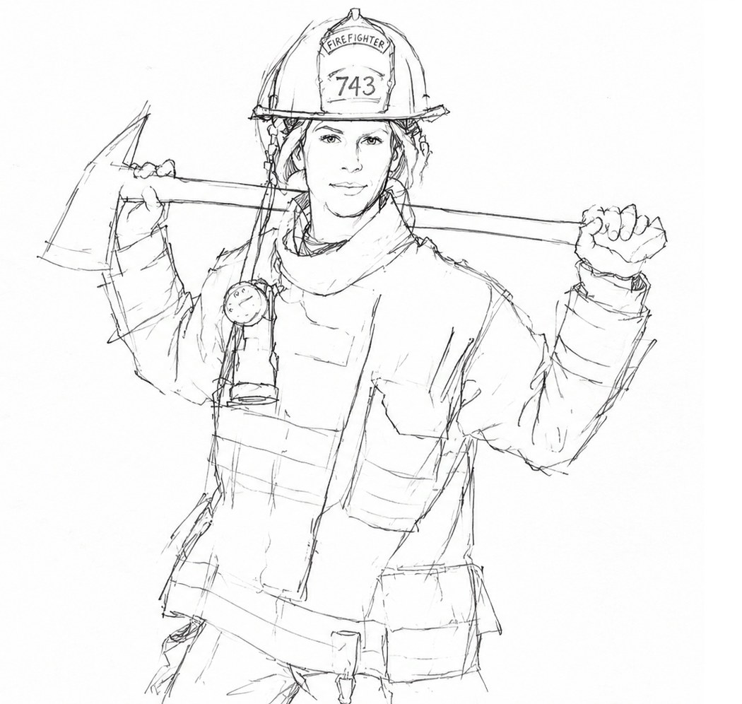The Firefighter in concept drawing &mdash; a woman in helmet and turnout coat, an axe held across her shoulders with both hands and a torch clipped to her chest