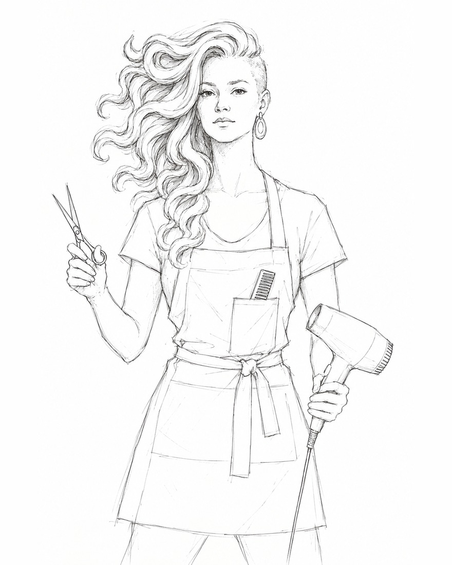 The Hairdresser in concept drawing &mdash; a woman in an apron with long flowing waves of hair and one shaved side, holding scissors and a hairdryer, a comb in her apron pocket