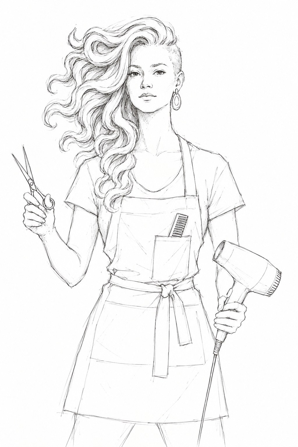 The Hairdresser in concept drawing &mdash; a woman in an apron with long flowing waves of hair and one shaved side, holding scissors and a hairdryer, a comb in her apron pocket