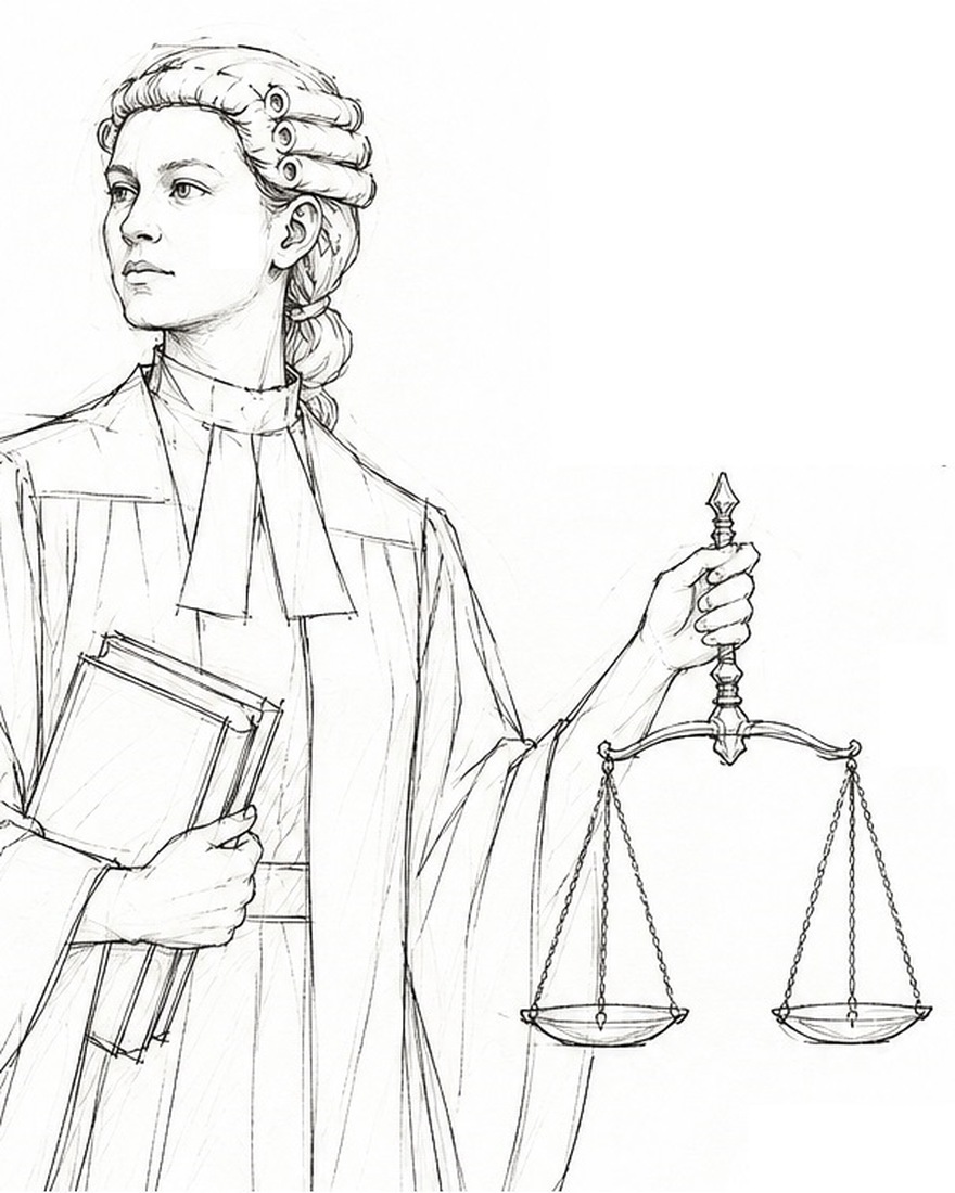 The Barrister in concept drawing &mdash; a woman in a wig, gown and white neck bands, holding a stack of books under one arm and a set of balance scales in the other hand