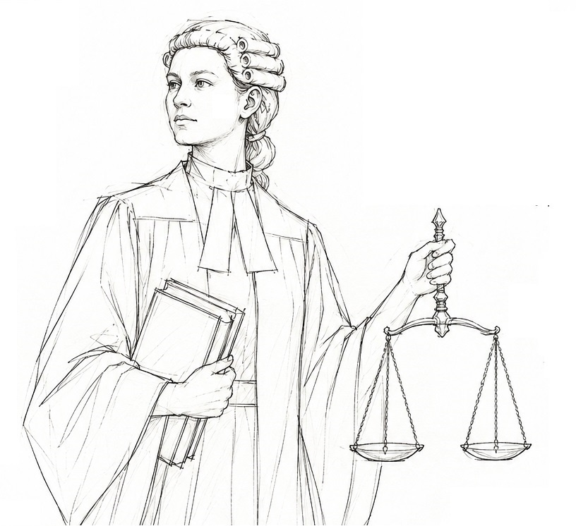 The Barrister in concept drawing &mdash; a woman in a wig, gown and white neck bands, holding a stack of books under one arm and a set of balance scales in the other hand