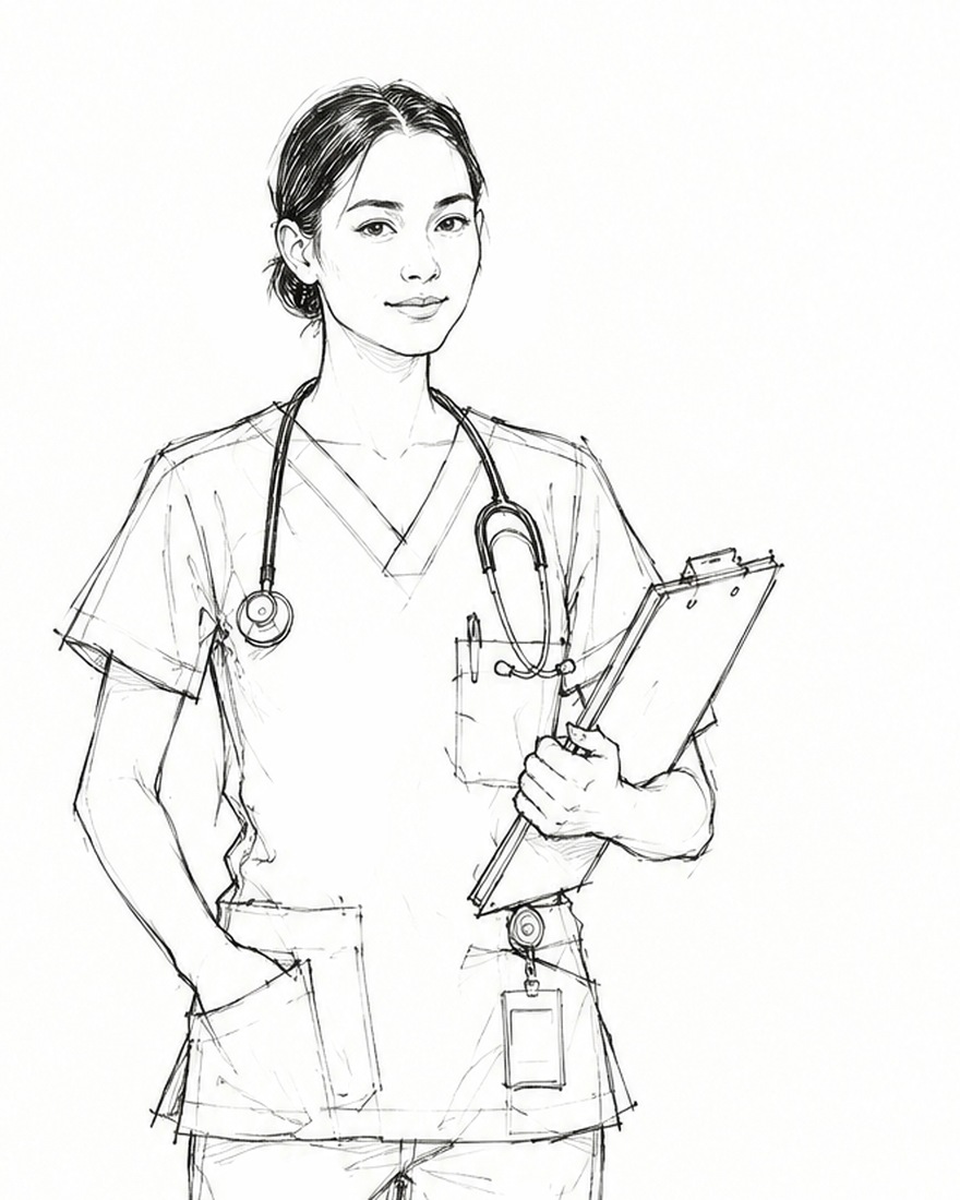 The Nurse in concept drawing &mdash; a smiling woman in scrubs with a stethoscope around her neck, a clipboard held in one hand, the other hand in her pocket and an ID badge clipped at her waist
