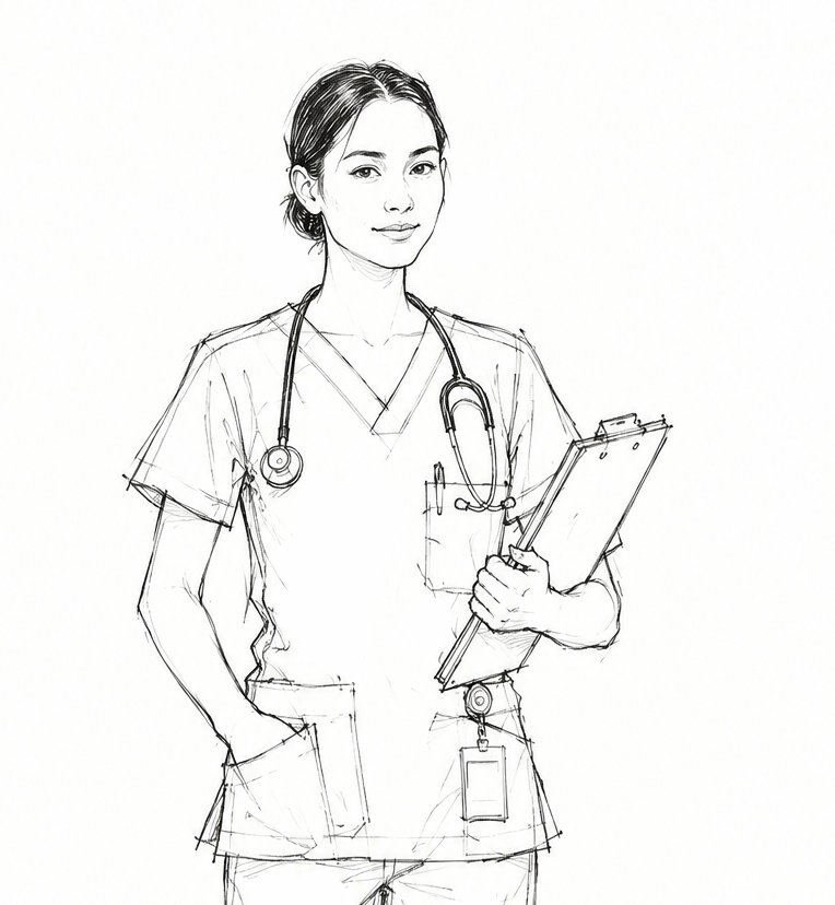 The Nurse in concept drawing &mdash; a smiling woman in scrubs with a stethoscope around her neck, a clipboard held in one hand, the other hand in her pocket and an ID badge clipped at her waist