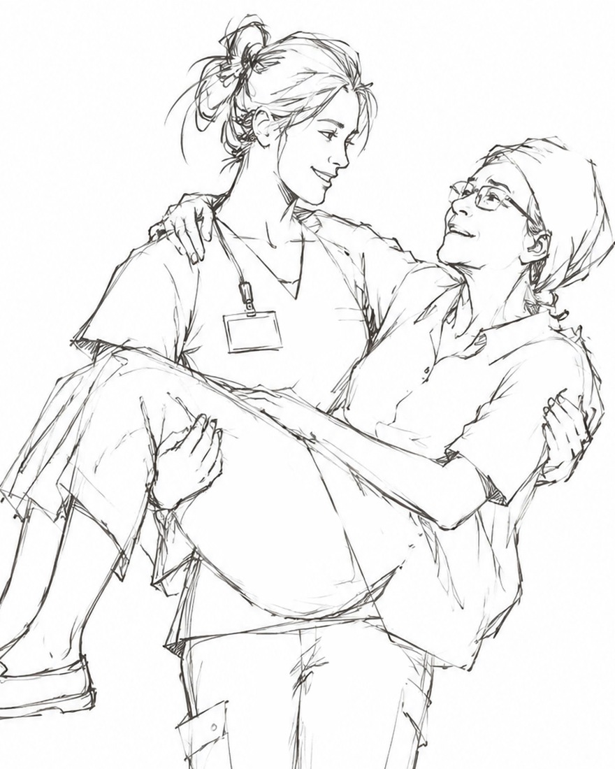The Personal Care Aide in concept drawing &mdash; a woman in scrubs lifting an older woman in her arms, the two smiling at each other