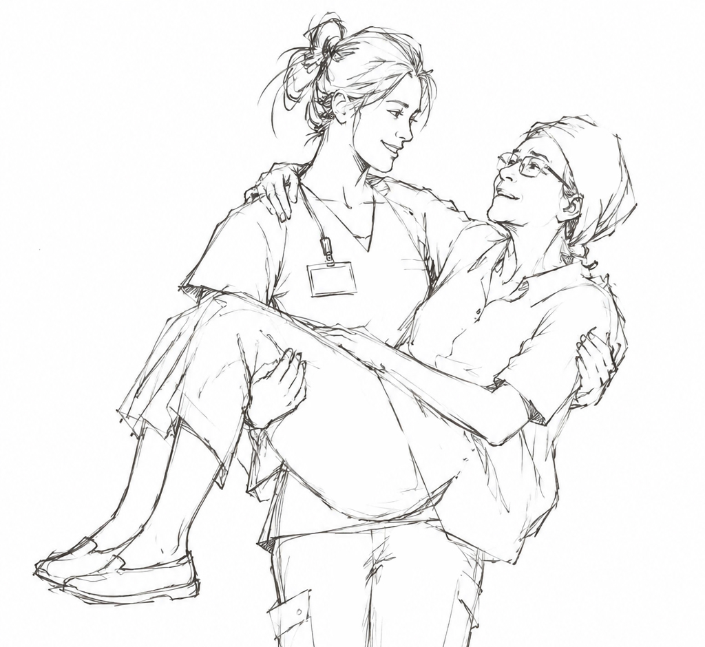 The Personal Care Aide in concept drawing &mdash; a woman in scrubs lifting an older woman in her arms, the two smiling at each other