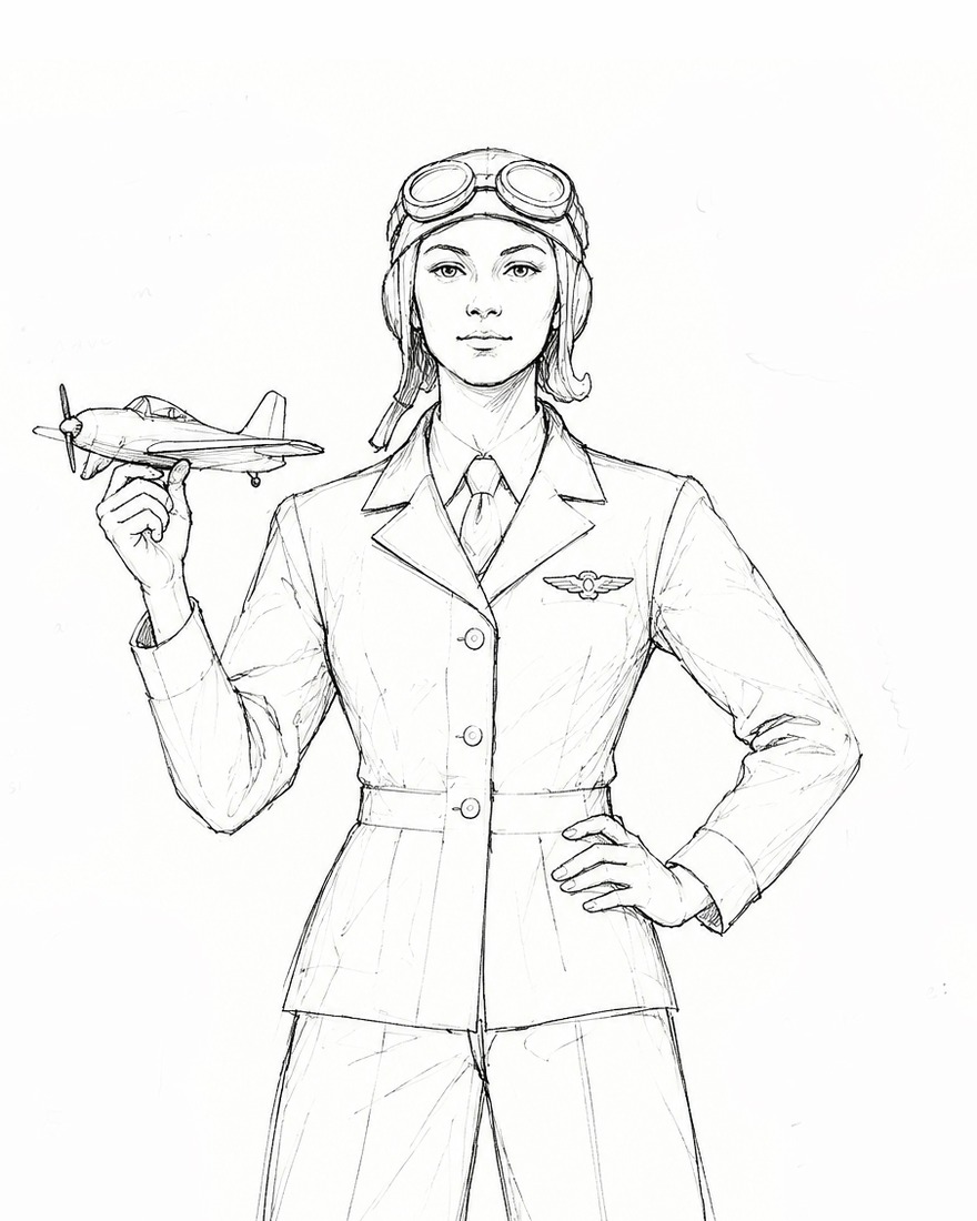 The Pilot in concept drawing &mdash; a woman in a flying helmet with goggles, a buttoned jacket with a wings badge and tie, one hand on her hip and a small model aeroplane held in the other