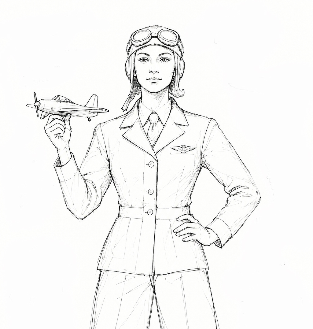 The Pilot in concept drawing &mdash; a woman in a flying helmet with goggles, a buttoned jacket with a wings badge and tie, one hand on her hip and a small model aeroplane held in the other